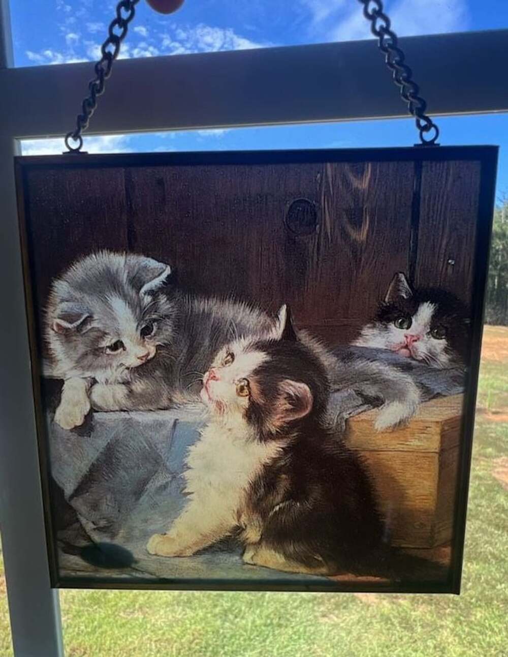 Vtg. Enesco Glass Window Hanging Sun catcher Three Kittens Julius Adam Art